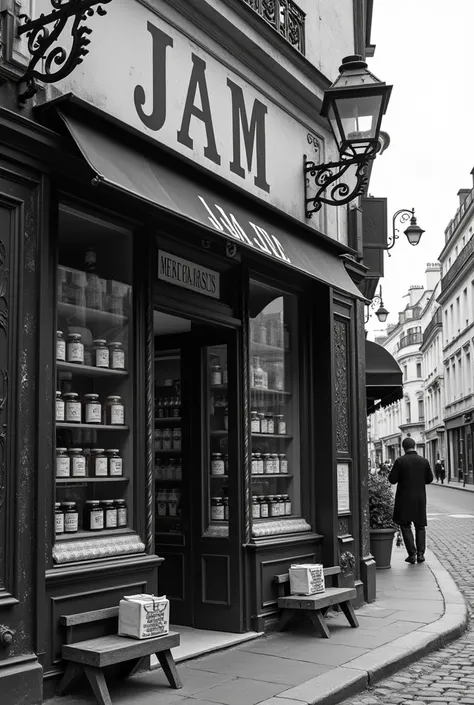 create a realistic photo of the facade of a jam shop , in black and white on an av in paris called Don Pinotti