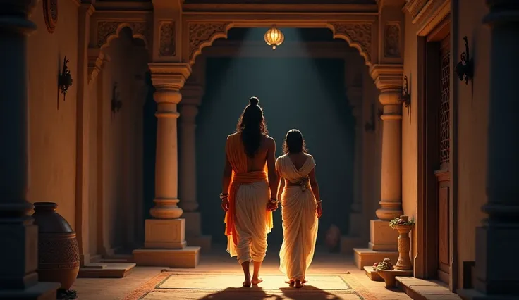 Ram with Sita walking in house in night view forant face 