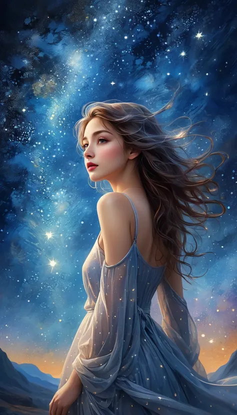 mysterious work of art painted with unusual techniques, starry sky, high and fine artwork, delicate and dynamic textures, contrasts of light and shadow, graphic CG digital art, ultra detailed, absolutely resolution, best quality