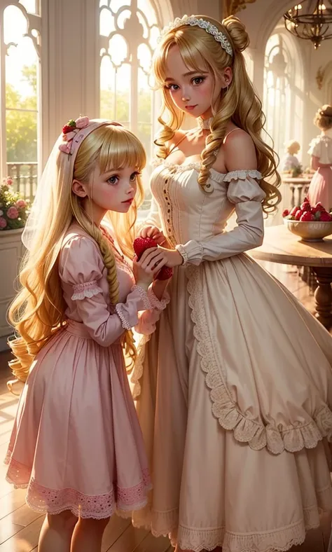 cute 、She is wearing a cute pastel-colored outfit decorated with strawberries., laces details, She is standing in a mischievous pose,  Exquisite accessories stand out. Her blonde hair was pulled back into long curls., Decorated with a romantic atmosphere, ...