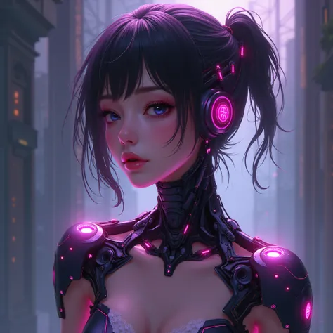 (Half body) Cyberpunk beautiful girl looking at the left like half cyborg with colors purple and pink