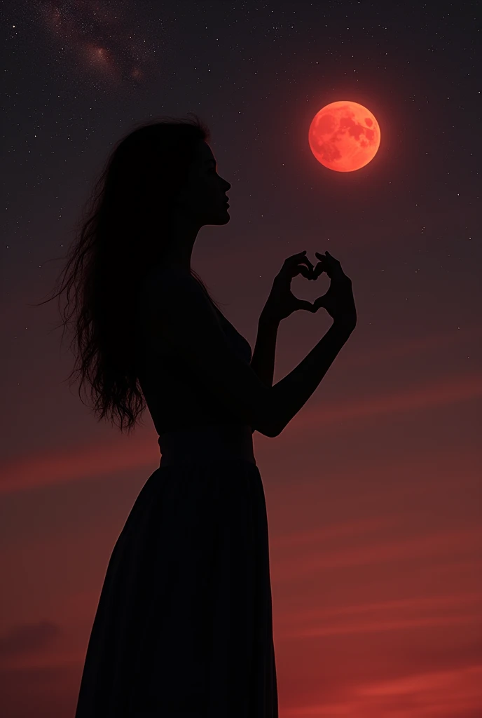 Silhouette of a woman making a heart shape with her hands looking at the planet Mars