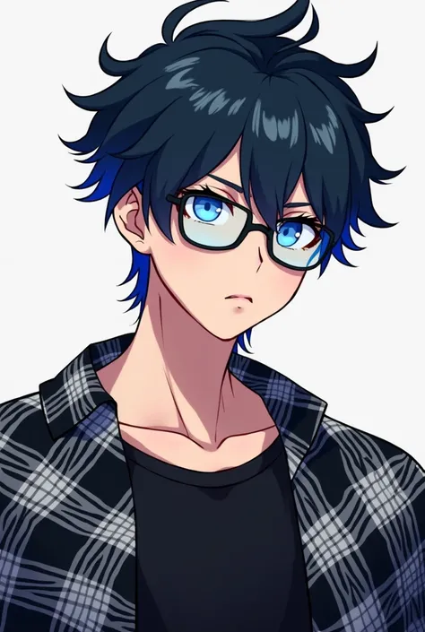 Create an image, From a white teenager, blue eyes and black, black hair with blue tips, a black shirt, and an offset black and white plaid blouse, and makes him smile, he has a good athletic physique, and wears glasses with blue lenses, make it in anime ve...