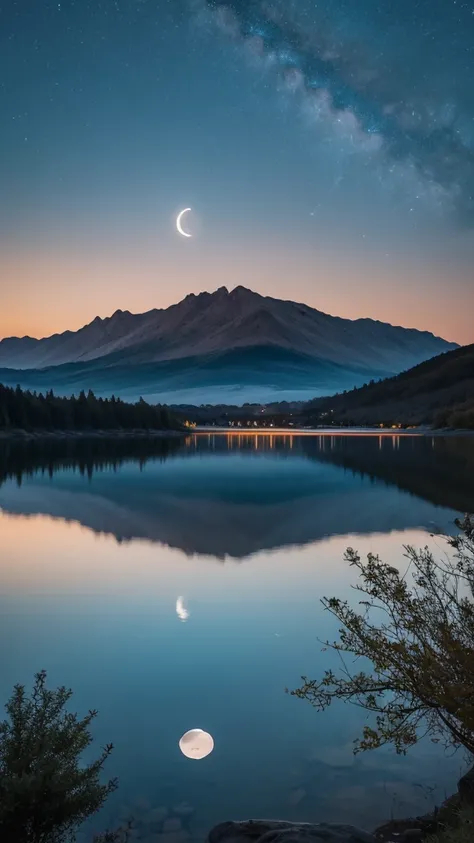 landscape,beautiful,lake,Sinking Moon,dawn,Dark Sky,horizontal line,reflection,Highest quality, Very detailed, 