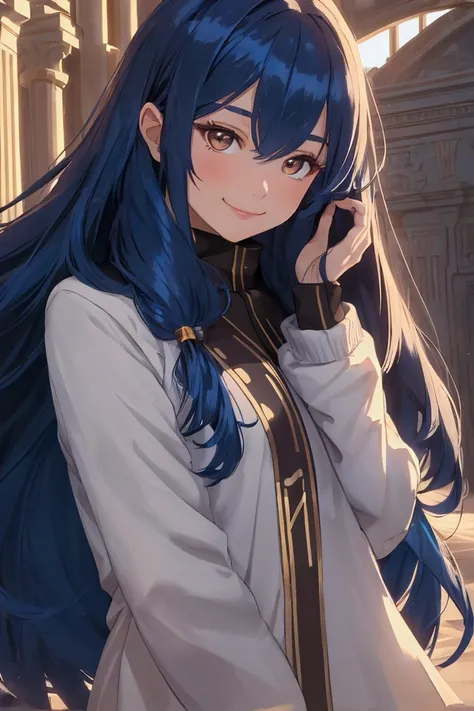 Masterpiece, best quality, 1girl, Russian ethnicity, brown eyes, Russian spy, blue, hair, long hair, blue hair, solo, smile, closed mouth, flowing hair, flowing down more on one side