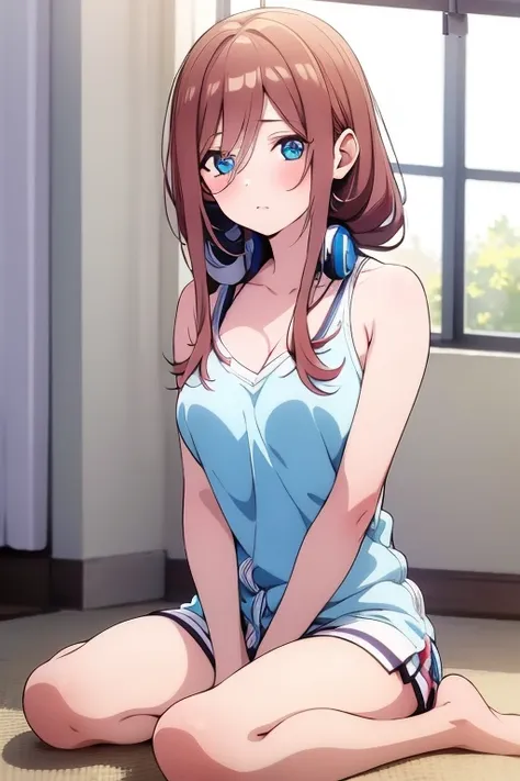 pretty girl (miku nakano) blue-eyed with loose hair and headphones, sitting on the floor with my feet tucked up looking straight...