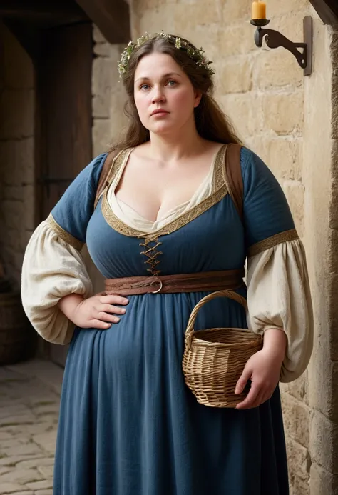 1mature, beautiful chubby mother, peasant middle-age, european, detailed face, beautiful face, cleavage, chubby-curvys, tall, chubby, medieval dress, medieval style poor peasant, full body, background in medieval age
