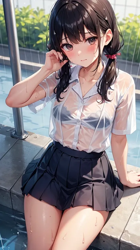 (rain:1.2),Schoolyard,girl, Middle school students,small,Wet body,(Wet Hair:1.5),Wet Face,Short pigtails,Mole under the eye,Brown eyes,small胸,see-through shirt,White Bra,Wet pleated mini skirt,Navy blue socks,blush,Troubled face,,rain宿り,press the button on...