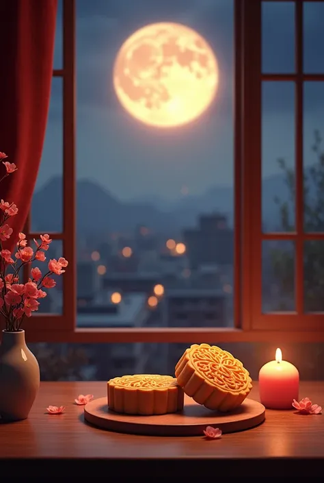 Soft indoor light，There are mooncakes on the table，Looking out the window from indoors，see a full moon。 Urban Mid-Autumn Festival without people buildings
