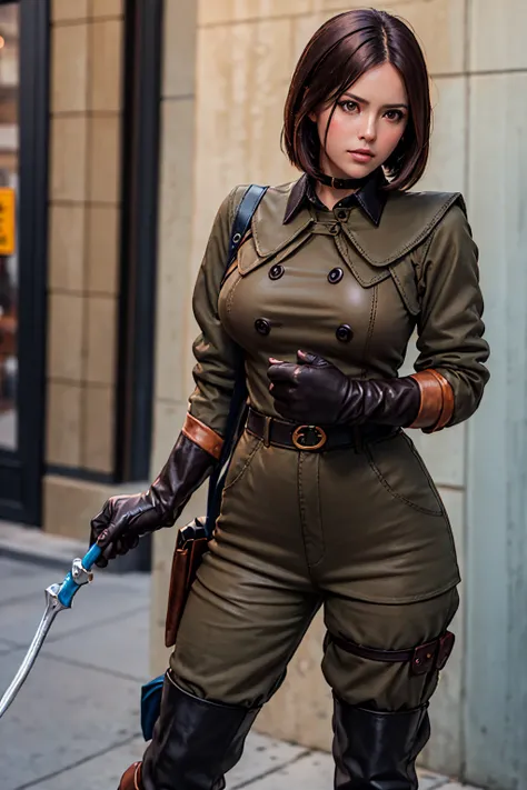 Best image quality, highest quality, Highest Resolution, Ultra-Realistic Images, Very detailed, masterpiece, 8k), solo, Brown medium hair, beige Khaki military uniform, Leather gloves, Leather boots, (With a blue whip), big Breasts, blush, serious look, Br...