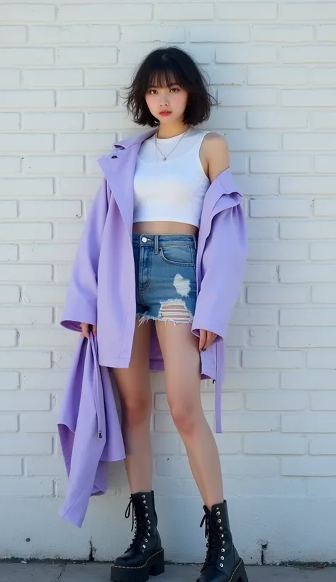 Short Hairstyles, Beautiful Japanese,Big eyes,Long eyelashes,Detailed nose,Cute mouth,White crop top, Distressed denim shorts, Oversized light purple jacket, Black buckled combat boots, Standing pose, Holding a jacket in one hand, I&#39;m looking forward t...