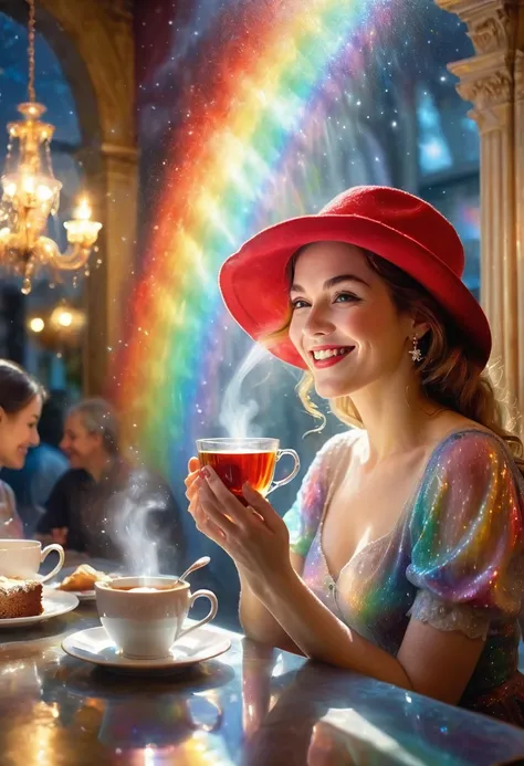 Viewed diagonally from the front. A beautiful woman in a red hat is drinking steaming hot tea in a heavenly cafe. She smiles sweetly. I see a big rainbow. Cake and fork on the table. Happy eyes, gentle smiles, jewels, light particles, pastel rainbow lights...