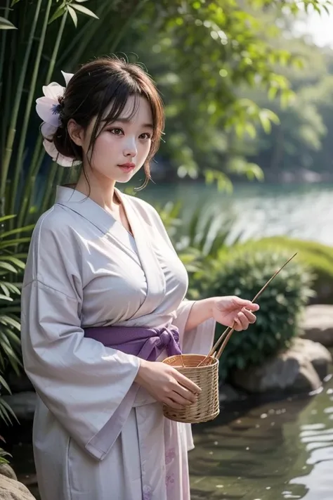 One Woman, Mr..々Hairstyle,, big ,Large Breasts,Plump,Sunburn,Long chest,Saggy breasts, Costume: A traditional yukata with a navy blue background and white morning glory patterns scattered throughout.。The belt is pale purple.、An elegant way to tie。On her fe...