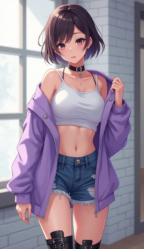 Short Hairstyles, Beautiful Japanese,Big eyes,Long eyelashes,Detailed nose,Cute mouth,White crop top, Big Breasts,Distressed denim shorts, Oversized light purple jacket, Black buckled combat boots, Standing pose, Glamour body,Holding a jacket in one hand, ...