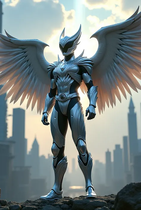 Make a Silver Power Ranger with Winged Uniform. realistic effect 