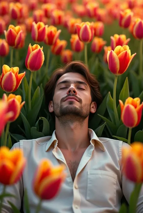 Man lying in tulip field with eyes closed
