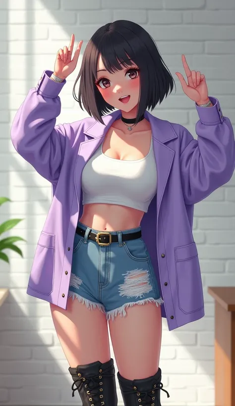 Short Hairstyles, Beautiful Japanese,Big eyes,Long eyelashes,Detailed nose,Cute mouth,White crop top, Big Breasts,Distressed denim shorts, Oversized light purple jacket, Black buckled combat boots, Standing pose, Glamour body,With hands up, I&#39;m looking...