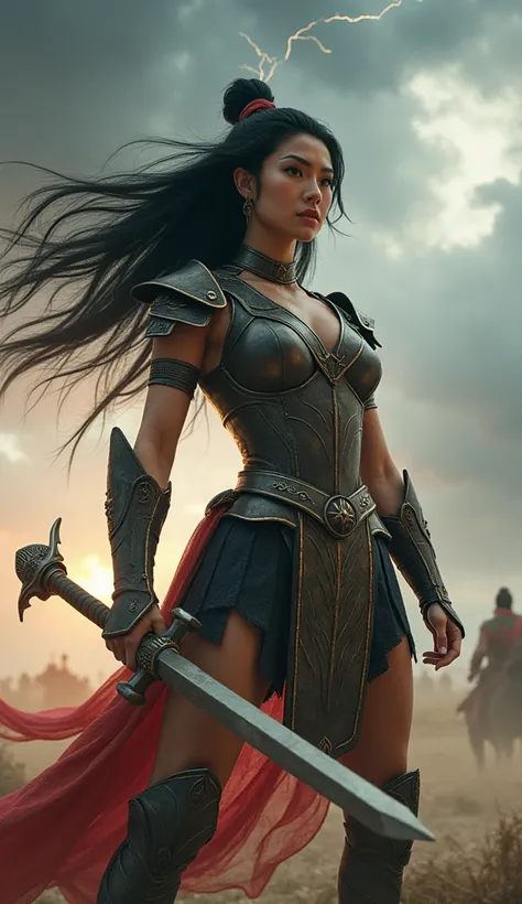 Mulan, now fused with Xena, stands heroically on a windswept battlefield, her presence a powerful blend of Xena’s distinctive warrior attire and Mulan’s practical armor. The scene is captured from a low angle, accentuating her imposing stance against a dra...