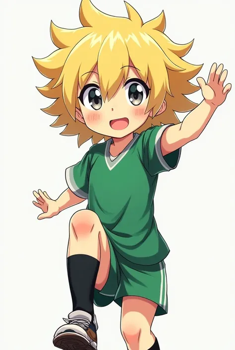  with fluffy, voluminous blonde hair, grey eyes and pale skin, with a green soccer uniform and short black socks along with sneakers of the same color and a bandage on his left knee, Do it in anime style and as if it were for a personal photo