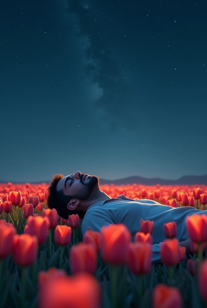 Man lying in tulip field with eyes closed at night with beautiful stars

