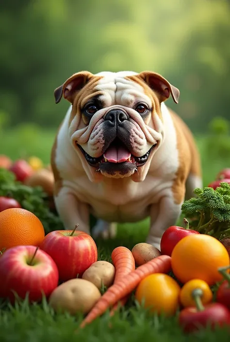 Small bully dog with fruits and vegetables on green background