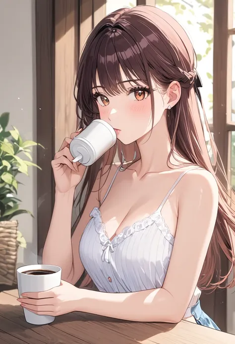 A woman drinking coffee,dining,Asahi,camisole