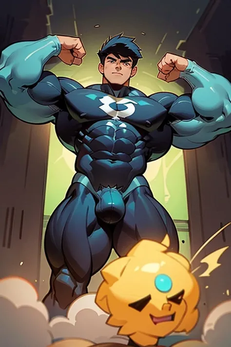 Danny Fenton from Danny Phantom animated tv series as a big dumb mindless teenage muscular bodybuilder jock in a locker room flexing and staring vapidly with mindless stare and mouth gaping open as his eyes glow under hypnosis saying, "Cant ... I cant ... ...