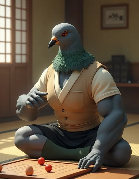 ((Highest quality)), ((masterpiece)), (detailed), A gray female pigeon wearing an off-white collared short-sleeved shirt, a light brown vest, a knee-length black skirt, dark green socks and black shoes.、He is sitting upright in a Japanese-style room, playi...