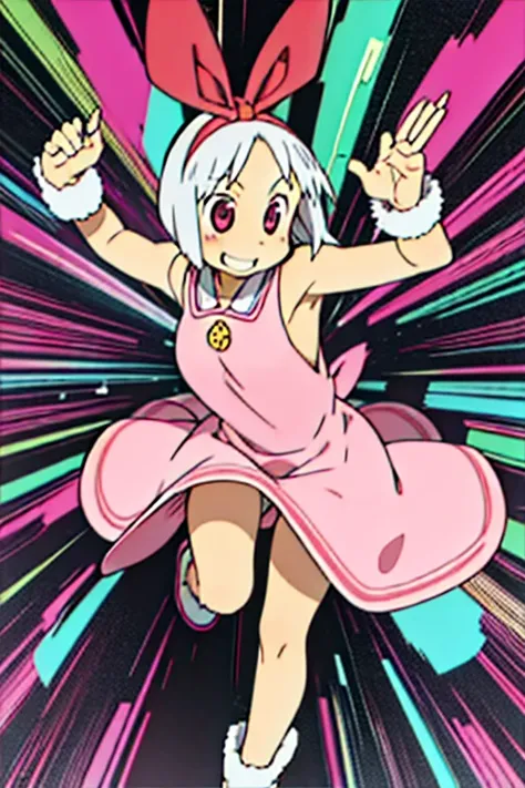 Haruna Annaka, white hair, short hair, big pink headband, pink headband, pink eyes, beautiful drawing, detailed background, Whole body, smile, medium size boobs, dynamic pose, no underwear, no cloth