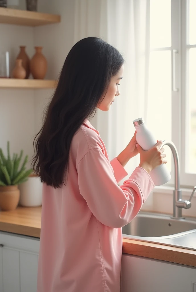 : Filling the Water Bottle**
   - **Description:** Show person from behind with pink pajamas and black hair, lomgos filling a white bottle with water and beautiful being filled. The background should be a neutral kitchen to highlight the bottle.without spi...