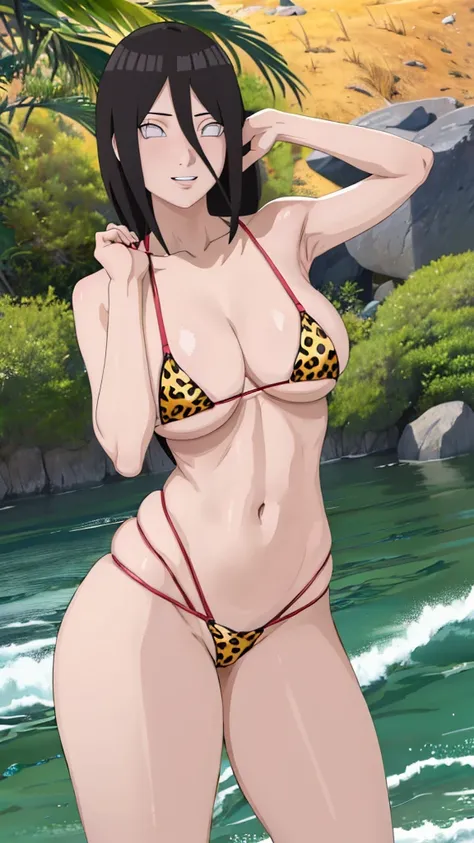 (masterpiece, 4K, highest quality, anime style: 1.9, Detailed face, Lovely, Ocean,Bold Line, High resolution, anime, Lake 4. alone, Curvaceous, Thighs, Cleavage, Center of chest, smile, Please open your mouth wide, Very slim belly, Cowboy Shot, Leopard pri...