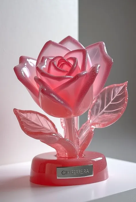 Rose-colored crystal in the shape of a rose with a plaque that says Gih Ferreira