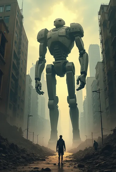 Make a cover of a destroyed city with a bright light on the horizon and a lonely person in the middle of the city with an imposing human-shaped robot accompanying him.