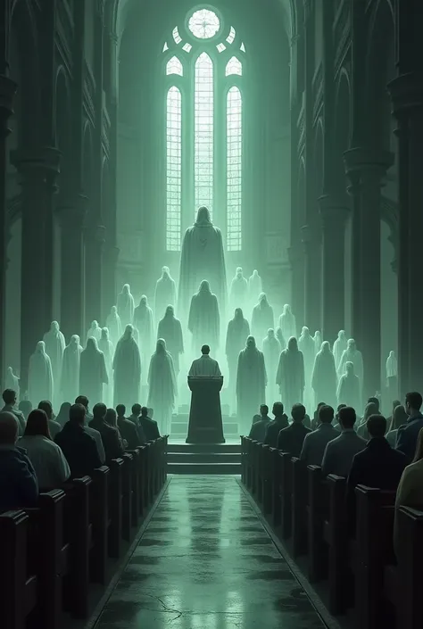 CREATE THE INTERIOR OF A LARGE CHURCH WHERE THERE ARE 50 UNDEAD PEOPLE SITTING ALONG WITH 10 NORMAL PEOPLE LISTENING TO THE PRIEST READING THE BIBLE. THE PRIEST IS IN THE PULPIT. AND FACING THE AUDIENCE. THERE ARE ALSO 10 UNDEAD BEHIND THE PRIEST. HIGHLIGH...