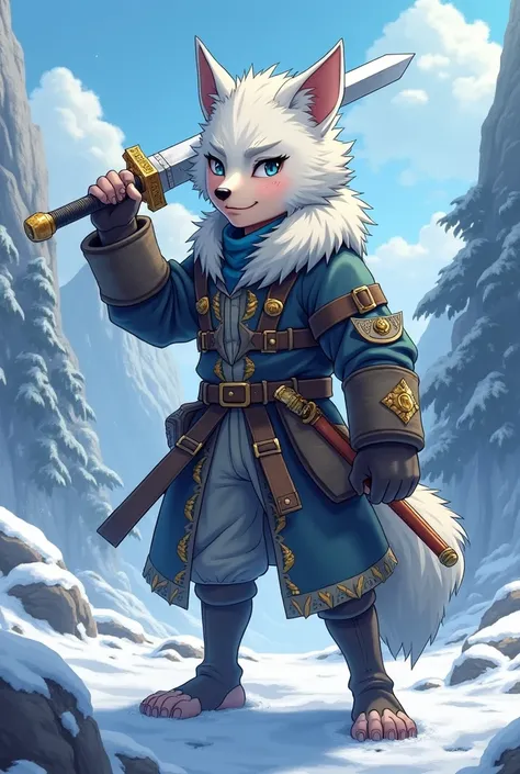 An almost adult boy, anime styling, with fur and white wolf head, using a claw gauntlet and a short sword in a cold environment