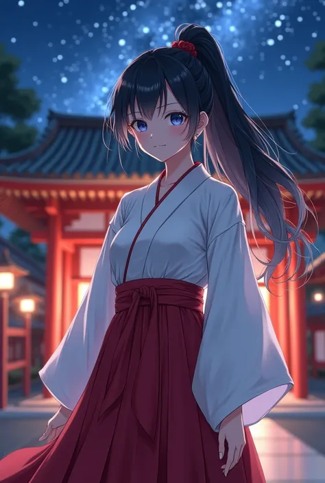 ((Highest quality)), ((masterpiece)), (detailed), A full-body portrait of a shrine maiden popular among young women。A woman in her early 20s、Long black hair、ponytail,It exudes a mysterious atmosphere。With big blue eyes、A gentle yet sharp gaze。Wearing white...