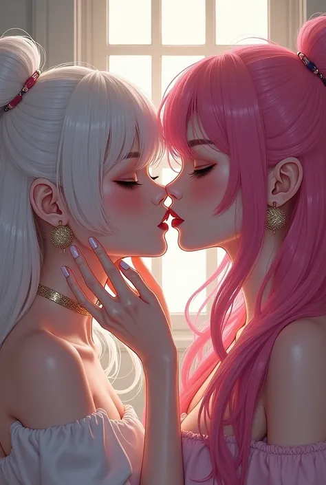 2girls,yuri,hair white, hair pink, (big breasts), (curvy body)licking ear, upper body, duchess and noble, manhwa style, random perpective angulo, by sakimichan