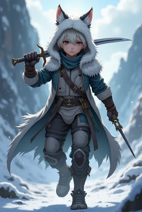 An almost adult boy, anime styling, with fur and white wolf hood, using a claw gauntlet and a short sword in a cold environment