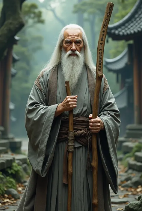 a wise man of advanced age, with long white hair and beard, wearing a simple traditional Japanese kimono in shades of gray and brown. Hes standing in a forest, surrounded by ancient trees and forgotten temples, with a serene and wise expression. His deep, ...