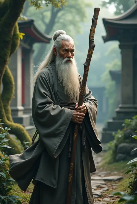 a wise man of advanced age, with long white hair and beard, wearing a simple traditional Japanese kimono in shades of gray and brown. Hes standing in a forest, surrounded by ancient trees and forgotten temples, with a serene and wise expression. His deep, ...