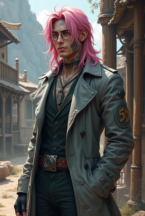 You would like a mature man with long, messy straight pink hair, pink eyes, and an average build. He has metallic parts on his body, round glasses on his face, and tattoos on his face and neck. He wears a closed gray trench coat with the number 5 on it. Yo...