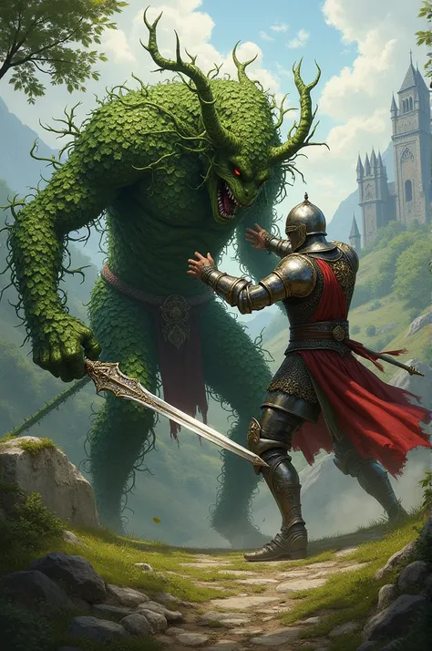 Mythological creature the ivy, fighting with a warrior in medieval armor 