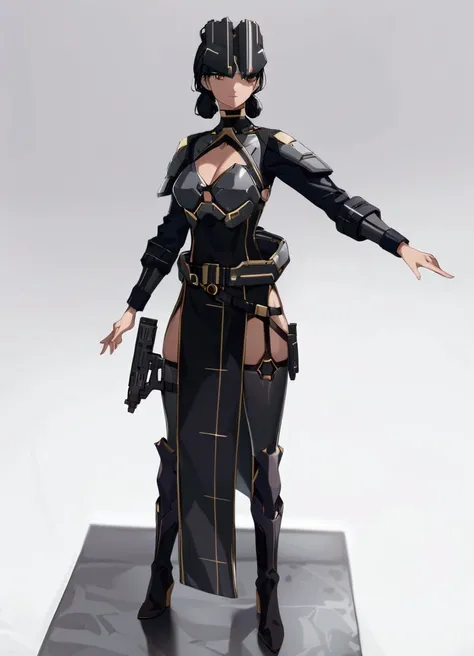 Futuristic outfit with armored details, sleek black bob hairstyle, metallic choker, standing pose, holding a gun, intense and focused demeanor, thigh-high black boots, long black front panel with gold accents, high-tech equipment on the belt, indoor minima...