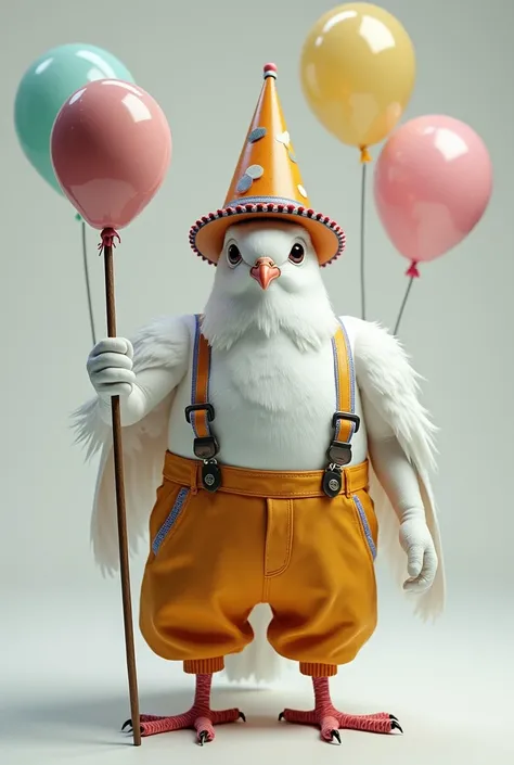 realistic white dove with a cone-shaped clown hat and oversized clown pants with suspenders and a magic balloon staff
