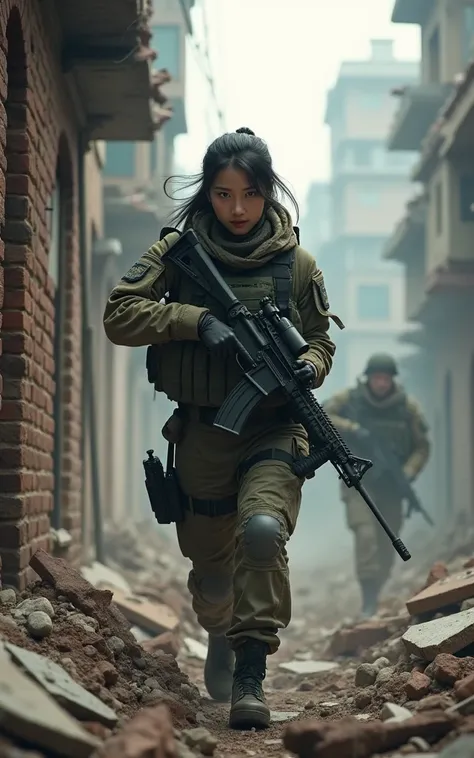 Ultra-high resolution，High-resolution details，masterpiece, An Asian woman in full combat gear，Running for cover under heavy fire, Exquisite high-detail ultra-realistic，Walking through a destroyed building with a rifle, Realistic soldiers, Battlefield Backg...