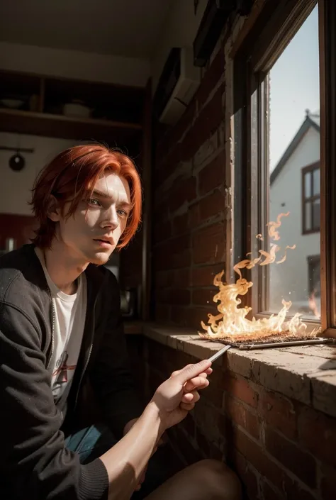 red-haired man with short, straight hair, he is on fire in a house called