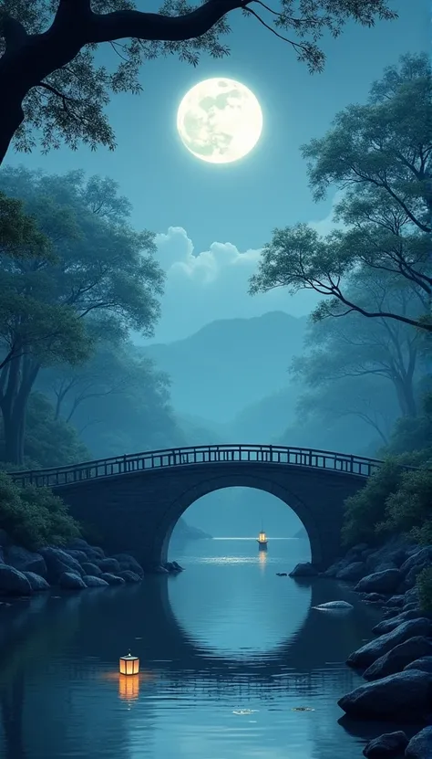 moon，Stone Bridge，river，Small boat，Kongming Lantern，Tree Shadows，