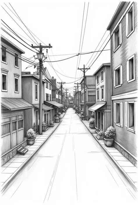 drawing with a perspective with a single vanishing point of a street that has houses and buildings
