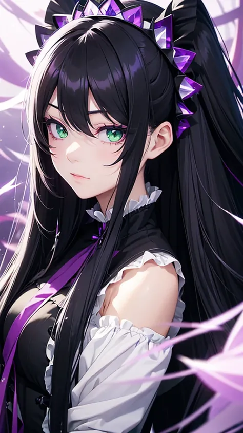 Long Black Hair、Half Twin Tail、Purple meshes、Black and purple gothic lolita outfit、Green Eyes、Glaring face long hair, Character portrait, Wind-like headdress, Sparkle Effect, Queen type、hair soft