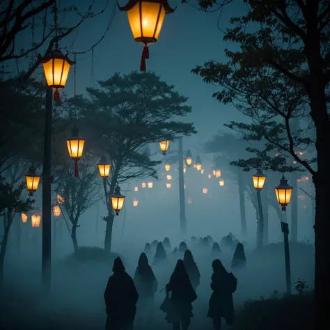 Chinese Ghost Festival，Zhongyuan Universe，ghostly breath，Night street chiaroscuro，Detailed depiction of eerie tree branch texture，Transparent ghosts float in the smoke，Lanterns hanging from trees，There are flowers on it, shaded lighting，background bokeh，de...